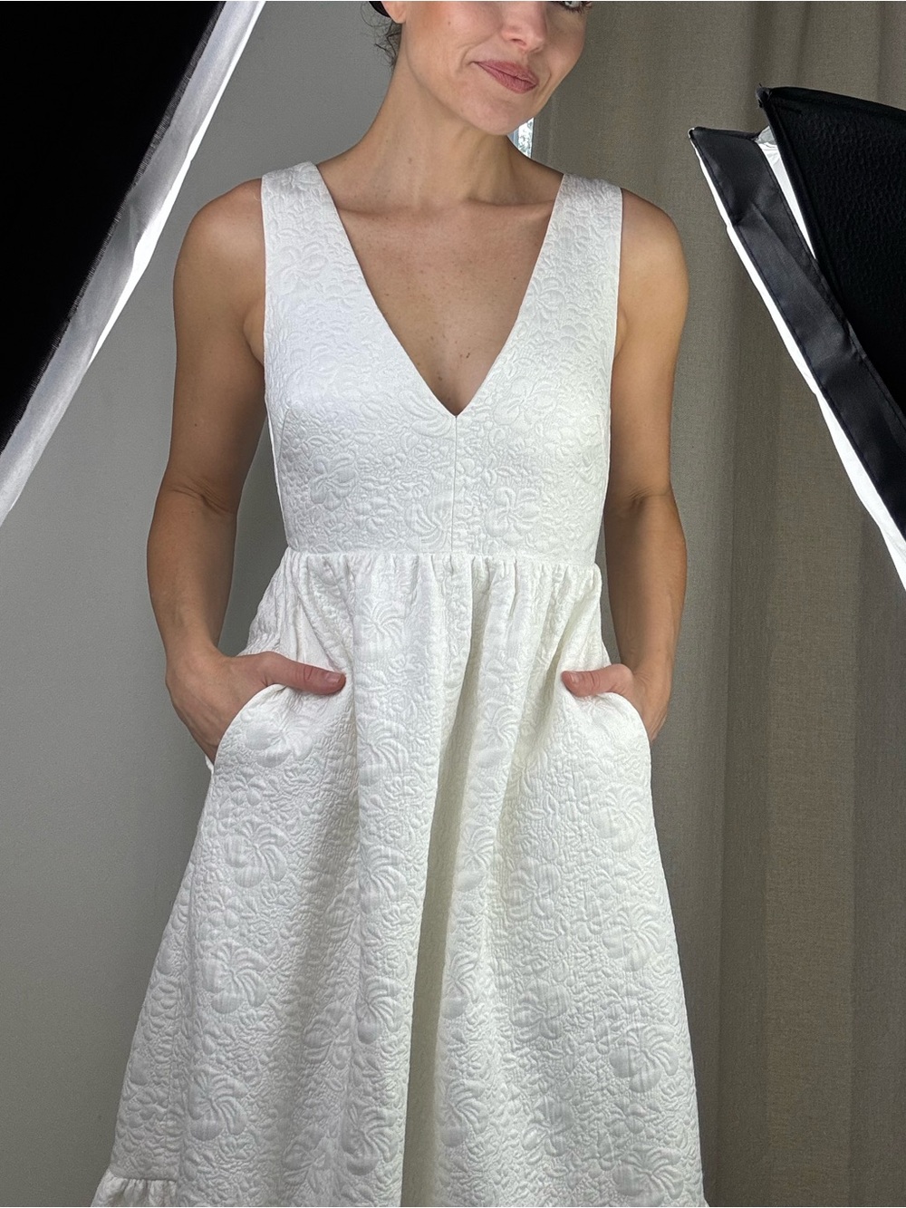 ASOS White Sleeveless V-Neck Textured Midi Dress